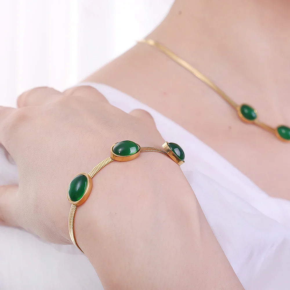 Oval Green Crystal Pendant Necklace Set With Bracelet