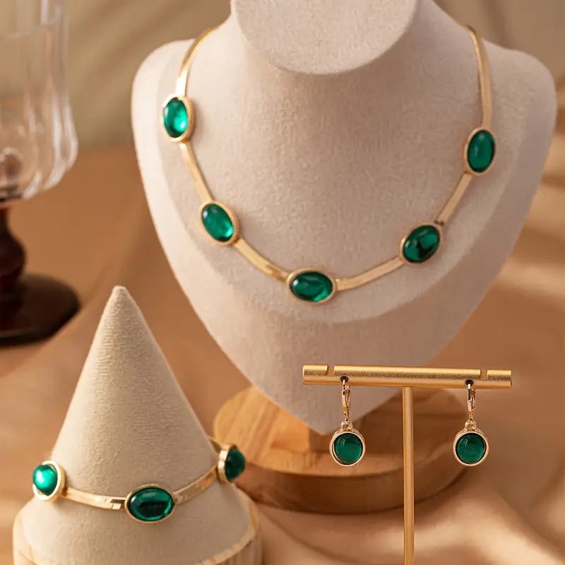 Oval Green Crystal Pendant Necklace Set With Bracelet
